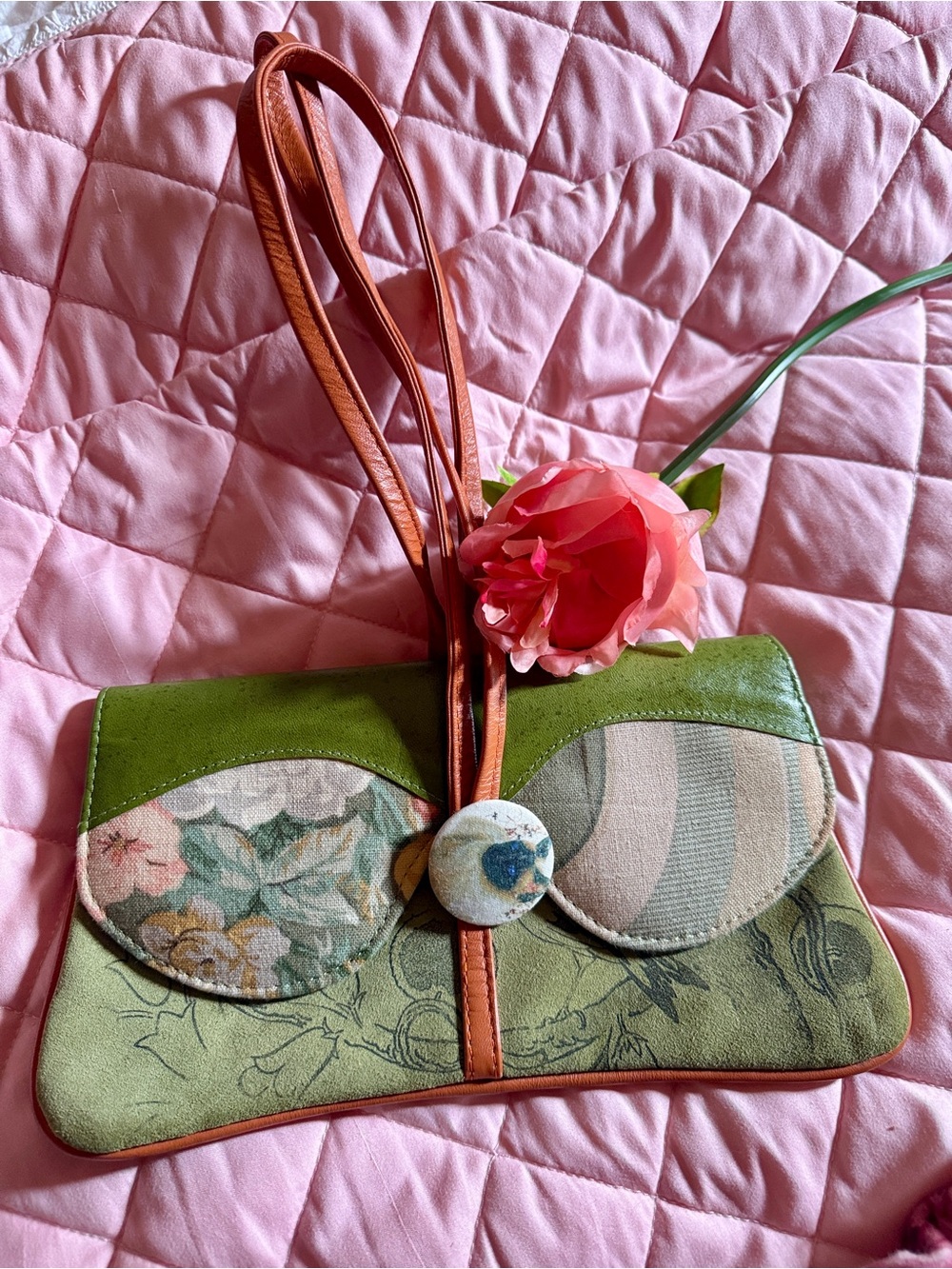 Green Floral Appliqué Shoulder Bag